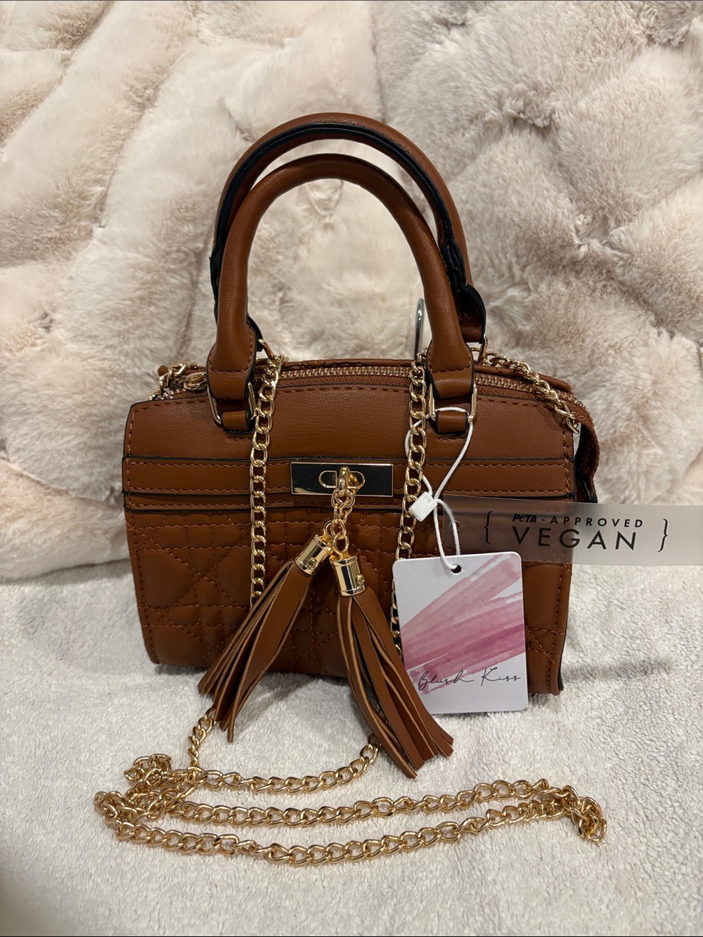Blush Kiss Vegan Brown Quilted Satchel with Gold Chain Strap